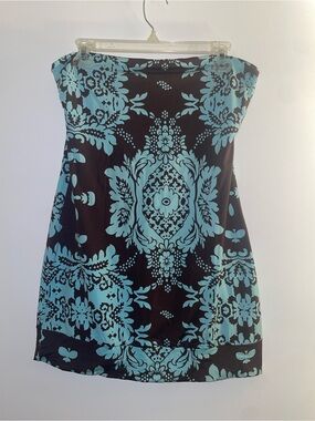 Brown & Aqua Strapless Patterned Mini Beach Coverup